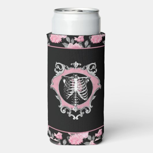Gotische Liebe | Rosa und schwarze Skelette Herz B Selters Dosenkühler (Seltzer Rückseite)