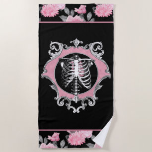Gotische Liebe Rosa und schwarze Skelette Herz B Strandtuch