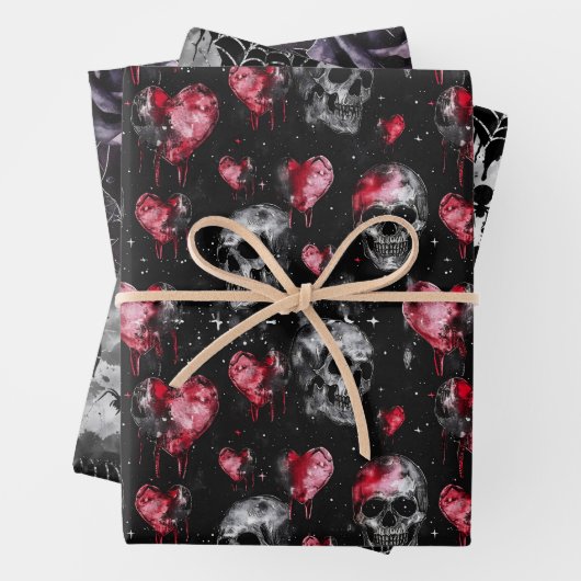 Gotische Liebe Skulls und Rote Herzen Geschenkpapier Set (Beispiel)