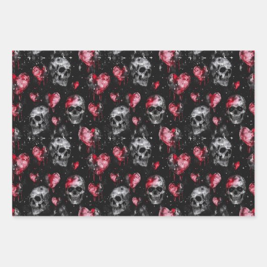 Gotische Liebe Skulls und Rote Herzen Geschenkpapier Set (Vorderseite)