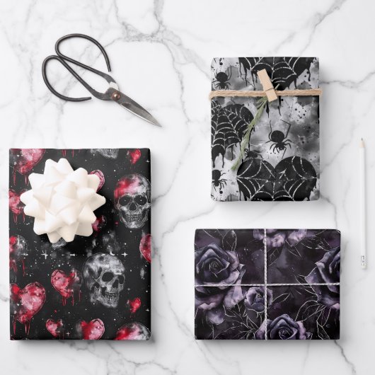 Gotische Liebe Skulls und Rote Herzen Geschenkpapier Set (Vorderseite)