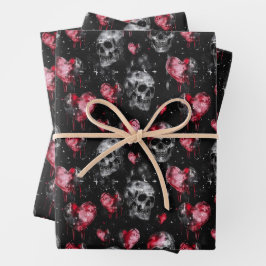 Gotische Liebe Skulls und Rote Herzen Geschenkpapier Set