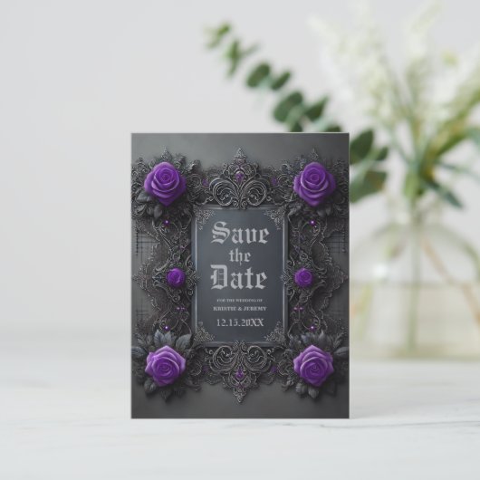 Gotische Lila Rose Save the Date auf Grau Ankündigungspostkarte (Stehend Vorderseite)