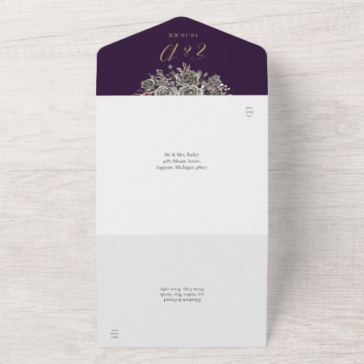 Gotische Lila und goldene Rose Blumenhochzeit All In One Einladung (Außenbereich)