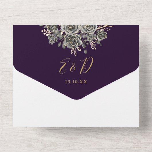 Gotische Lila und goldene Rose Blumenhochzeit All In One Einladung (Rückseite)