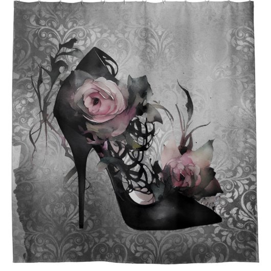 Gotische Mode Stiletto Heel mit Mauve Pink Roses Duschvorhang (Vorderseite)