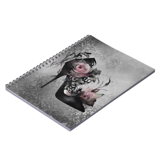 Gotische Mode Stiletto Heel mit Mauve Pink Roses Notizblock (Linke Seite)