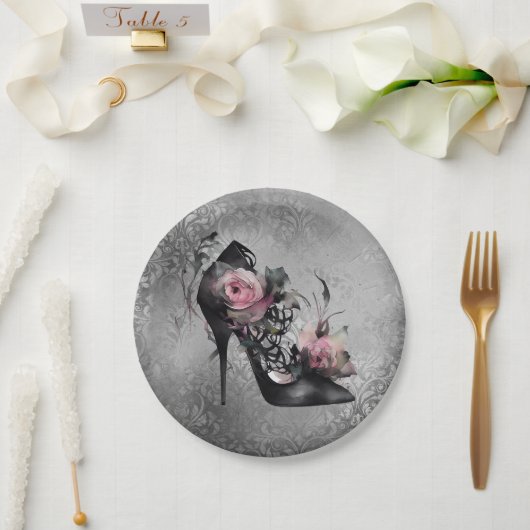 Gotische Mode Stiletto Heel mit Mauve Pink Roses Pappteller (Hochzeit)