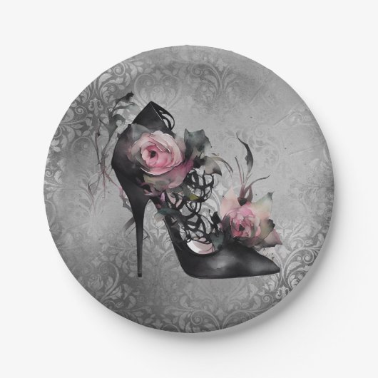 Gotische Mode Stiletto Heel mit Mauve Pink Roses Pappteller (Vorderseite)