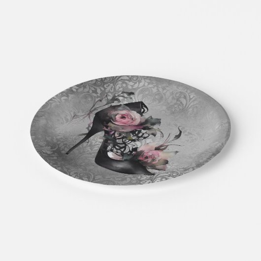 Gotische Mode Stiletto Heel mit Mauve Pink Roses Pappteller (Schrägansicht)