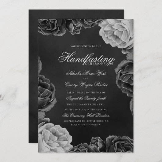 Gotische Monochrome Elegante Rose Handfasting Einladung (Vorne/Hinten)