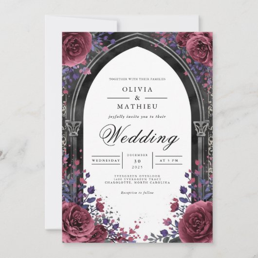 Gotische Pflaumenbogen-Hochzeit Einladung (Vorderseite)
