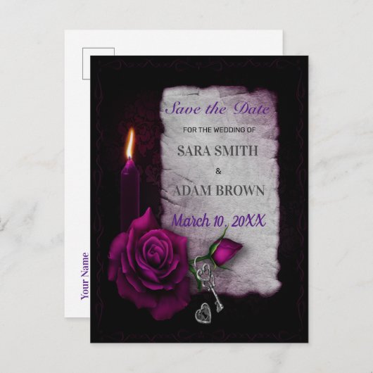 Gotische Romance Save the Date lila Rosen-Kerze Ankündigungspostkarte (Vorne/Hinten)