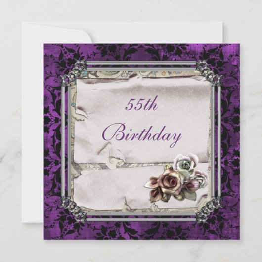 Gotische Rose & Black Damask 55. Geburtstag Einladung (Vorderseite)