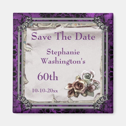 Gotische Rose & Black Damask 60. Save the Date Magnet (Vorne)