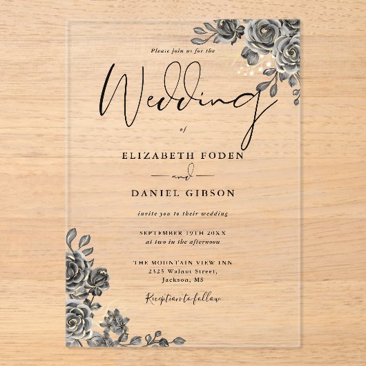 Gotische Rose Bläserschwarz und Gold Hochzeit Acryleinladungen (Vorderseite)