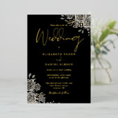 Gotische Rose florales Foto Hochzeit Schwarz und G Folieneinladung (Stehend vorne)