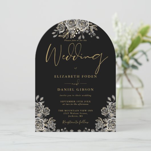 Gotische Rose Hochzeit mit Schwarz-Gold-Arch Einladung (Stehend Vorderseite)