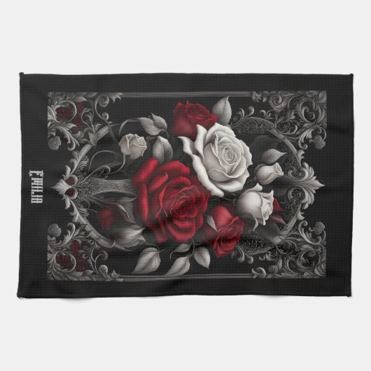 Gotische Rose in Verziertem Rahmen Geschirrtuch (Horizontal)