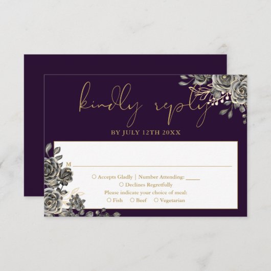 Gotische Rose mit Blumen, Lila und Goldhochzeit RSVP Karte (Vorne/Hinten)