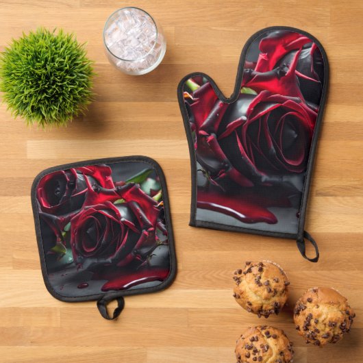 Gotische Rose Ofenhandschuh & Topflappen-Set (Oben Unten)