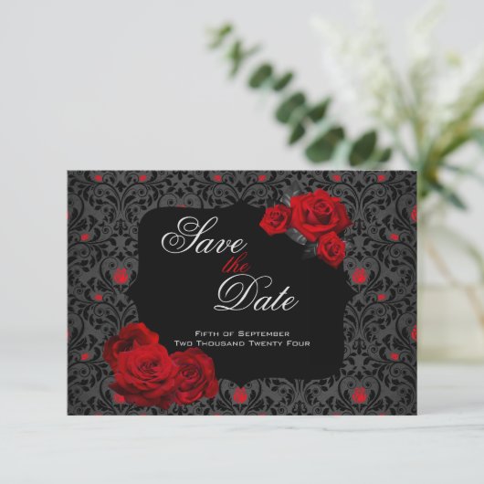 Gotische Rose Rot und Schwarz Save The Date (Stehend Vorderseite)