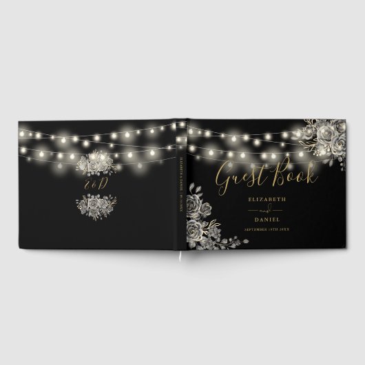 Gotische Rose Schwarz-Gold-String-Lights Hochzeit Gästebuch (Voll)