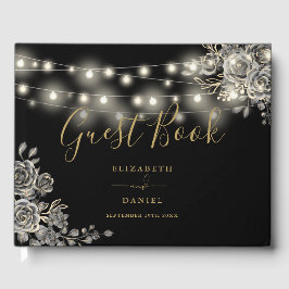 Gotische Rose Schwarz-Gold-String-Lights Hochzeit Gästebuch