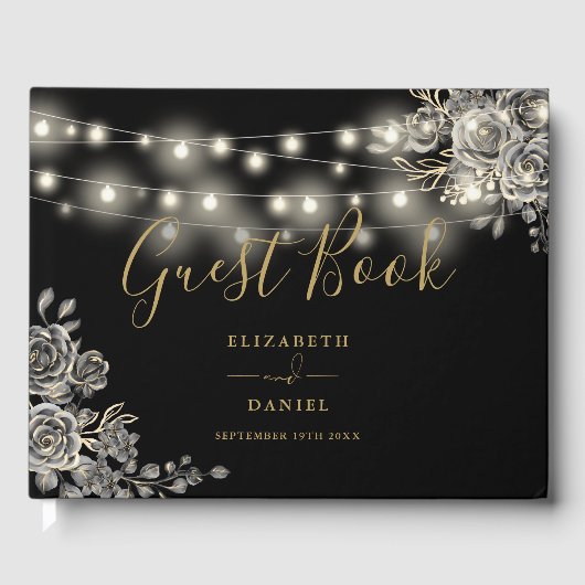 Gotische Rose Schwarz-Gold-String-Lights Hochzeit Gästebuch (Vorderseite)