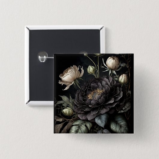 Gotische Rose Schwarze Blume Button (Vorne & Hinten)