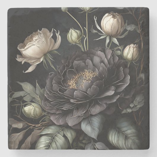 Gotische Rose Schwarze Blume Steinuntersetzer (Vorderseite)