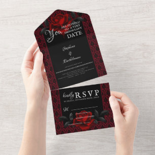 Gotische rote Damast-Rosen-Hochzeit All In One Einladung