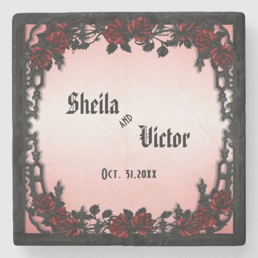 Gotische Rote Rose Hochzeit mit Viktorianischem Fl Steinuntersetzer (Vorderseite)