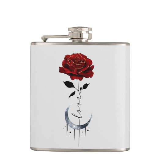 Gotische Rote Rose und Crescent Moon mit Liebe Flachmann (Vorderseite)