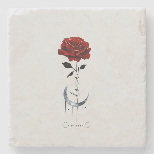Gotische Rote Rose und Crescent Moon mit Liebe Steinuntersetzer (Vorderseite)