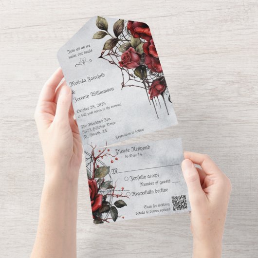 Gotische Rote Rosen mit QR-Code All In One Einladung (Abreißen)