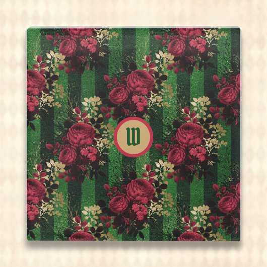 Gotische Rote Rosen und Streifen mit Anfangsbuchst Glasuntersetzer
