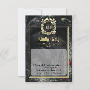 Gotische Ruinen Monogram Schwarz und Gold Hochzeit RSVP Karte