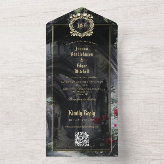 Gotische Ruinen Monogramm QR-Code Hochzeit All In One Einladung (Innen Boden)