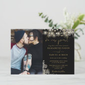 Gotische Schwarz-Gold-Blumen-Foto Hochzeit Einladung (Stehend Vorderseite)