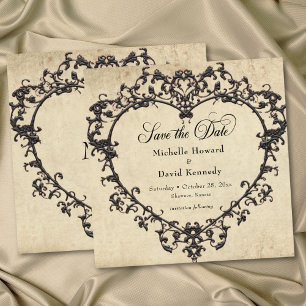 Gotische schwarze braune Pergament-Filigran-Herz-H Save The Date