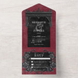 Gotische Schwarze Grenze 7 & Schwarze Rose Wein Ke All In One Einladung<br><div class="desc">ERHÄLTLICH MIT ODER OHNE QR CODE ODER MIT ODER OHNE AUSWAHL DES ABENDS. Mit unserer Vintag gotischen Hochzeitseinladung bringen Sie Ihre Gäste in eine Welt der dunklen, bezaubernden Eleganz. Der tiefgründige Weinhintergrund im alten Bordeaux-Stil Set die Bühne für einen auffallenden Kontrast, da fett weißer Text aus den komplizierten, schwarzen Textfeldern...</div>
