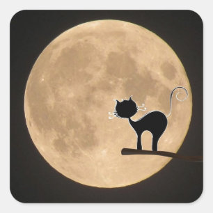 Gotische schwarze Katze Halloweens mit Vollmond Quadratischer Aufkleber