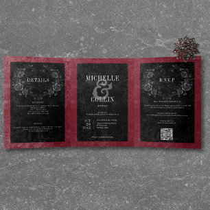 Gotische schwarze Rabe & schwarze Rosen Wein Hochz Dreifach Gefaltete Einladung