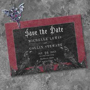 Gotische schwarze Raben und Rosen Burgunder Hochze Save The Date
