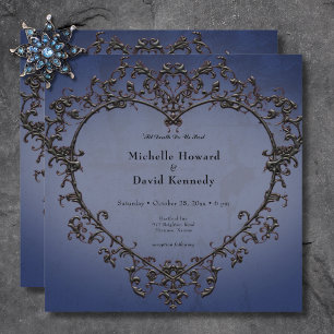 Gotische schwarze und blaue Filigree-Herz-Hochzeit Einladung