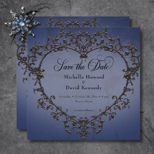 Gotische schwarze und blaue Filigree-Herz-Hochzeit Save The Date