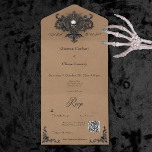 Gotische schwarze und braune Halloween-Filigran-QR All In One Einladung
