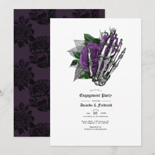 Gotische Skeletthand und violette Rose Verlobung Einladung