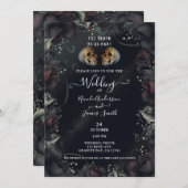 Gotische Skulls & Schwarze Rose Halloween Hochzeit Einladung (Vorne/Hinten)